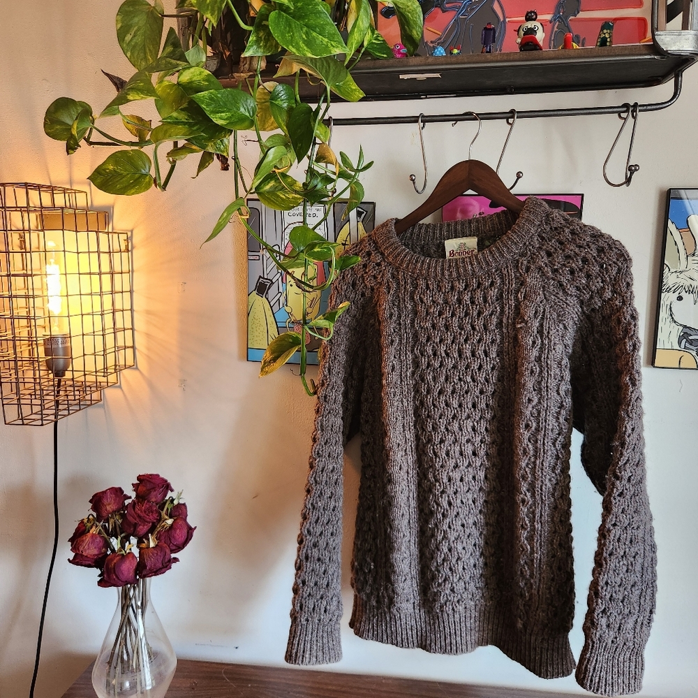 Vintage Brown Chunky Wool Fisherman Sweater Size: Medium, Handloomed Wool